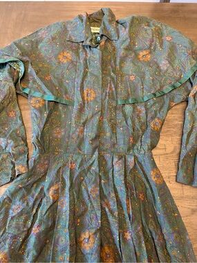 Marvin Singer for depeche Vintage Paisley Long Sleeve Dress Green Purple Gold